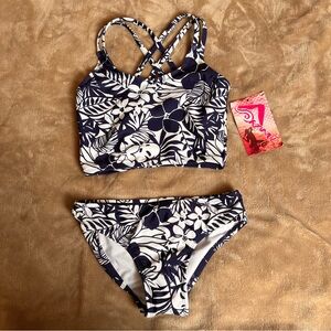 KANU Girl's Blue and White Tropical Floral Full Coverage Athletic Bikini - Sz 6